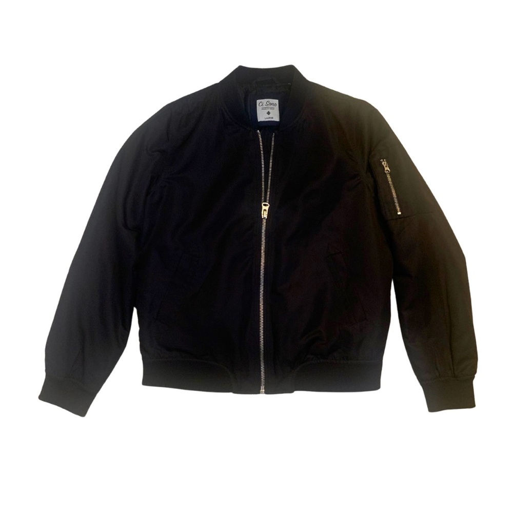 Black Zip Bomber Jacket Large Wind Water Resistant Windbreaker Edgy Streetwear